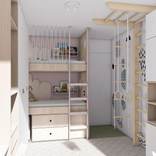 Pokojíček pro dvě slečny. Přáním byla patrová postel s úložným prostorem, která by poskytla trochu soukromí, žebřiny, dva...