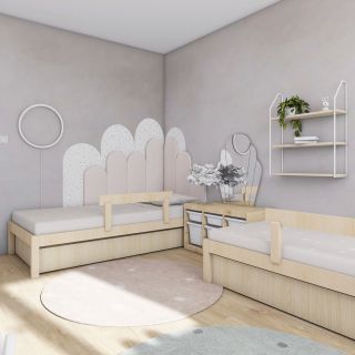 Pokojíček v neutrálních barvách pro holčičku a chlapečka. Přáním bylo umístit dvě samostatné postele, šatní skříň a...