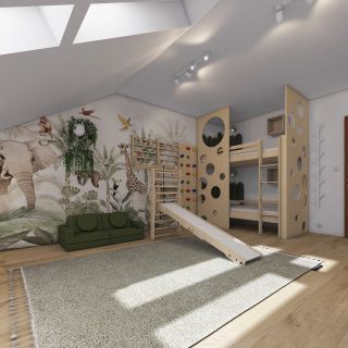 Pokojíček v Safari stylu. Přáním bylo zakomponovat sportovní prvky, tematiku džungle, neutrální barvy, patrovou postel a...