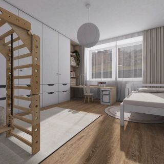 Pokojíček v jemných neutrálních barvách. Skříň na míru má spodní šuplíky, které lze zcela vysunout – hračky tak mohou...