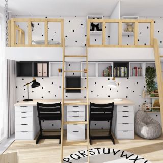 Pokoj pro dvě děti se závěsnou postelí ✨ Palandu si klienti nepřáli, proto byla zvolena závěsná postel oddělená příčkou...